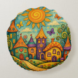 Whimsical Fairy Tale Village Colorful Canvas Art Rond Kussen