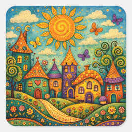 Whimsical Fairy Tale Village Colorful Canvas Art Vierkante Sticker
