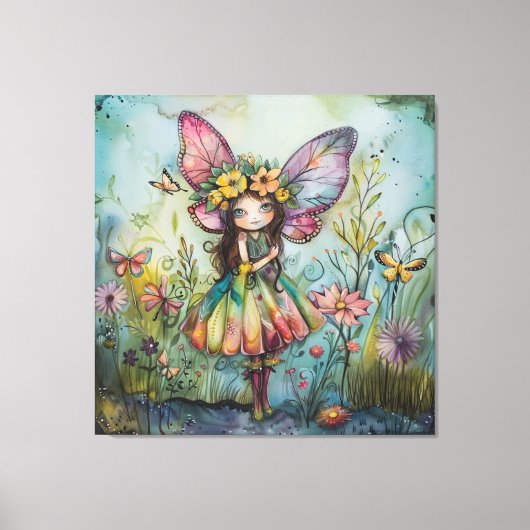 Whimsical Fairy, Vlinders en Wildbloemen Canvas Afdruk (Voorkant)