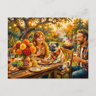 Whimsical Familie BBQ Terras Dweilmops Illustratie Briefkaart