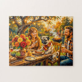Whimsical Familie BBQ Terras Dweilmops Illustratie Legpuzzel