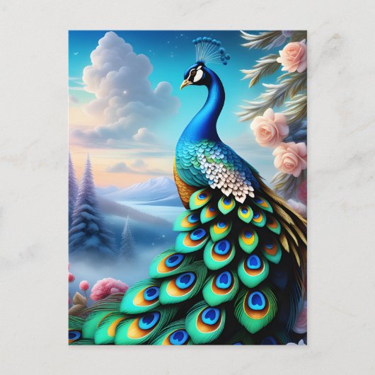 Whimsical Fantasy Art Roos Tuin Peacock Briefkaart (Voorkant)