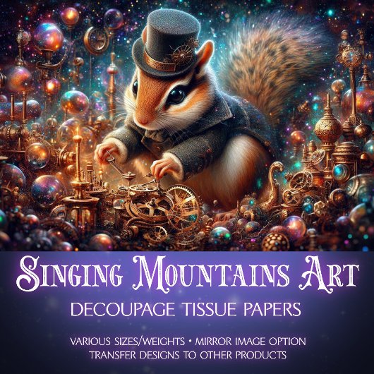 Whimsical Fantasy Art Steampunk Chipmunk Decoupage Tissuepapier