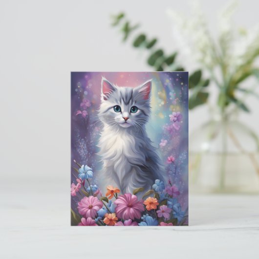 Whimsical Fantasy Kitten in Tuin Kat Briefkaart (Staand voorkant)