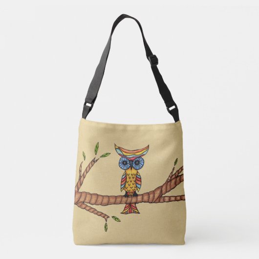 Whimsical Fantasy Kleurrijke Uil op Tree Branch Ta Crossbody Tas (Achterkant)