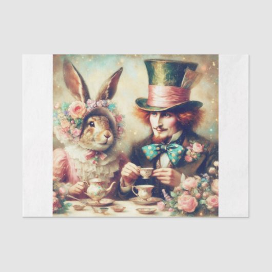 Whimsical Fantasy Mad Hatter Rabbit Tea Decoupage Tissuepapier (Voorkant)