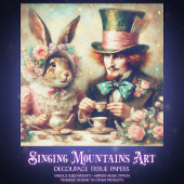 Whimsical Fantasy Mad Hatter Rabbit Tea Decoupage Tissuepapier