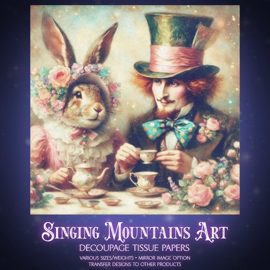 Whimsical Fantasy Mad Hatter Rabbit Tea Decoupage Tissuepapier