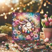 Whimsical Fantasy Waterverf Paashaas Bloemen Feestdagenkaart