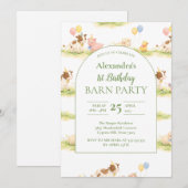 Whimsical Farm Animals Pastel 1st Birthday Kaart (Voorkant / Achterkant)