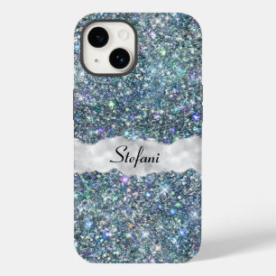 Whimsical Faux Blue en Silver Glitter Monogram Case-Mate iPhone 14 Hoesje
