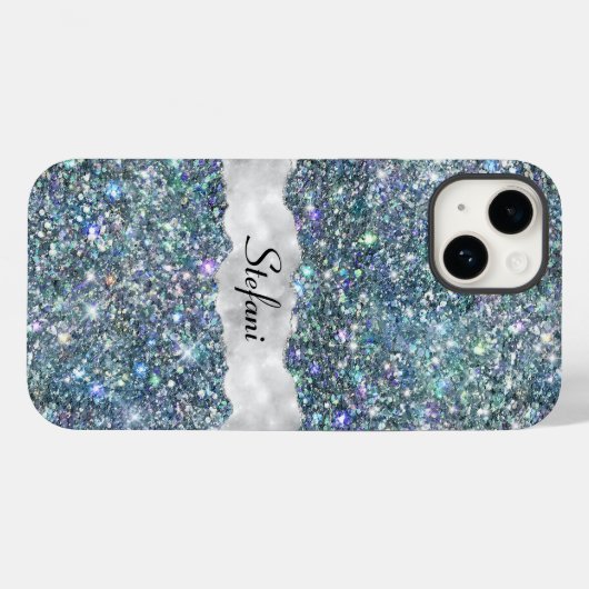 Whimsical Faux Blue en Silver Glitter Monogram Case-Mate iPhone Case (Achterkant (horizontaal))