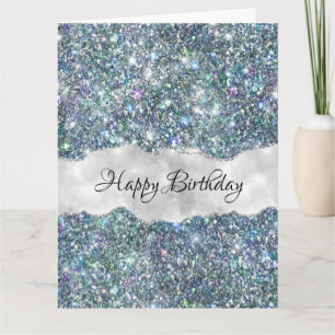 Whimsical Faux Blue en Silver Glitter Verjaardag Kaart