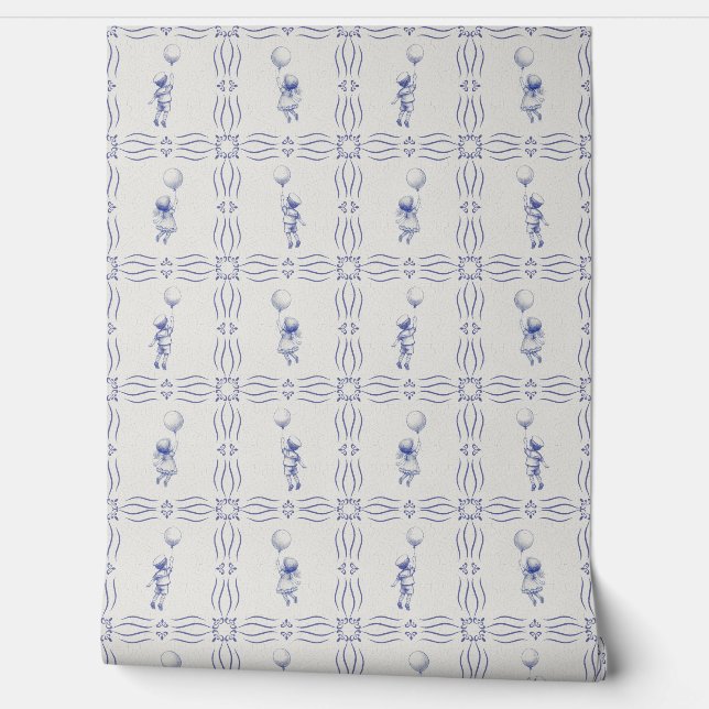 Whimsical faux crackle blue Delft style nursery Behang (Afrollen)