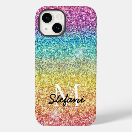 Whimsical Faux Ombre Regenboog Glitter Monogram Case-Mate iPhone Case (Achterkant)