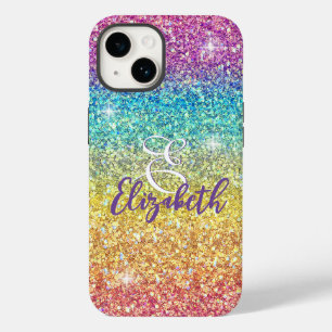 Whimsical Faux Ombre Regenboog Glitter Monogram Case-Mate iPhone 14 Hoesje