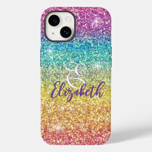 Whimsical Faux Ombre Regenboog Glitter Monogram Case-Mate iPhone Case (Achterkant)