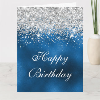 Whimsical Faux Royal Blauw Zilver Glitter Verjaard Kaart