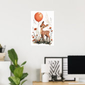 Whimsical Fawn met Oranje ballon in Wildflowe Poster (Thuiskantoor)