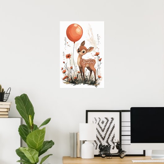 Whimsical Fawn met Oranje ballon in Wildflowe Poster (Thuiskantoor)