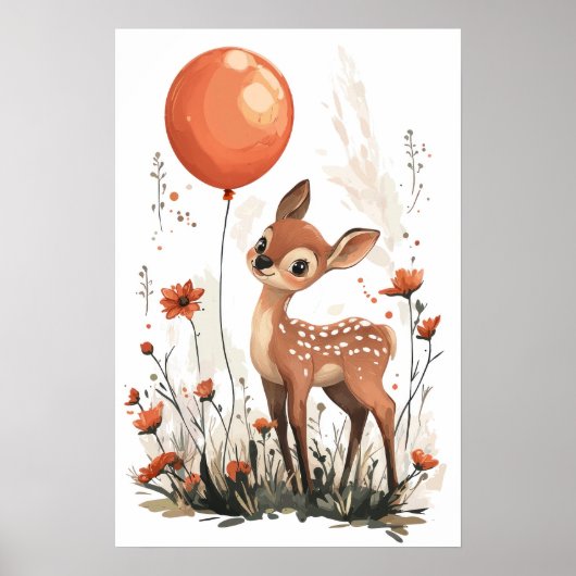 Whimsical Fawn met Oranje ballon in Wildflowe Poster (Voorkant)