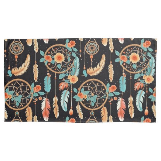 Whimsical feather dreamcatcher donker bloemig blau kussensloop (Voorkant-Links)