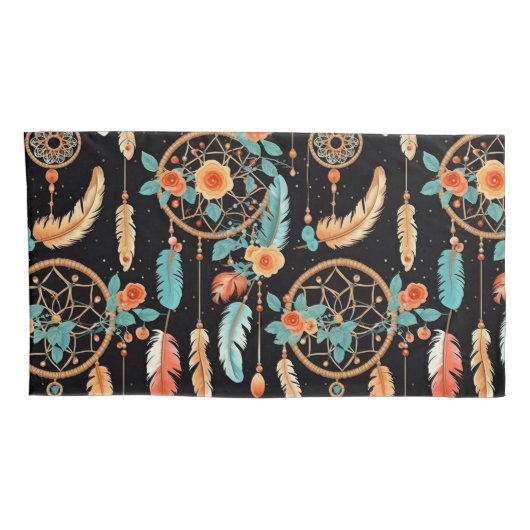 Whimsical feather dreamcatcher donker bloemig blau kussensloop (Achterkant-Rechts)