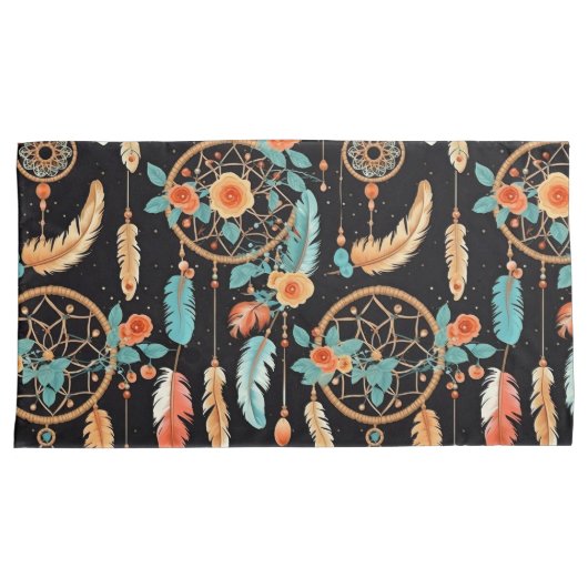 Whimsical feather dreamcatcher donker bloemig blau kussensloop (Voorkant-Rechts)