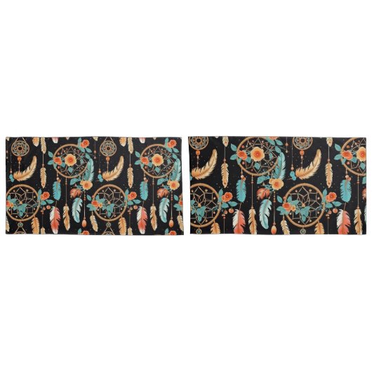 Whimsical feather dreamcatcher donker bloemig blau kussensloop (Achterkant-Set)