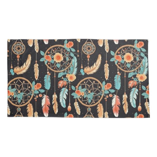 Whimsical feather dreamcatcher donker bloemig blau kussensloop (Achterkant-Links)