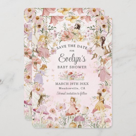 Whimsical feeën Baby shower bloementuin weide Save The Date (Voorkant / Achterkant)