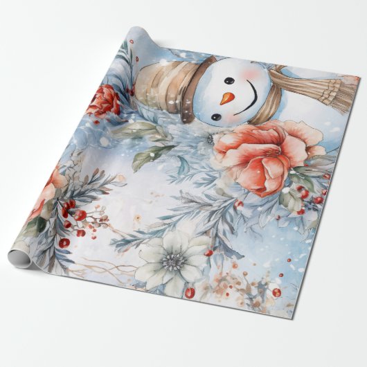 Whimsical Feestelijke  Bloemen Sneeuwman Gift Cadeaupapier (Uitgerold)