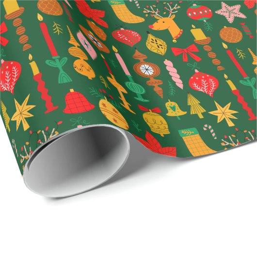 Whimsical Feestelijke Ornamenten & Rendier Christm Cadeaupapier (Rol Hoek)