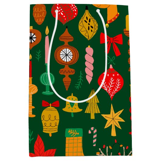 Whimsical Feestelijke Ornamenten & Rendier Christm Medium Cadeauzakje (Voorkant)