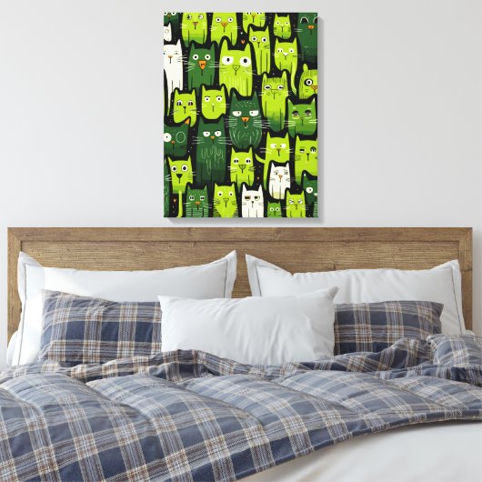 Whimsical Feline Delight - Groene Doodle Kat Liefh Canvas Afdruk (Insitu (Slaapkamer))