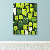 Whimsical Feline Delight - Groene Doodle Kat Liefh Canvas Afdruk (Insitu (Houten vloer))