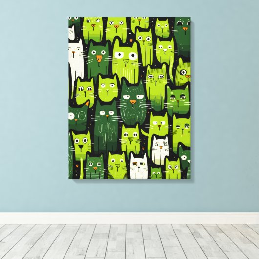 Whimsical Feline Delight - Groene Doodle Kat Liefh Canvas Afdruk (Insitu (Houten vloer))