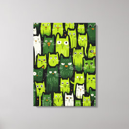 Whimsical Feline Delight - Groene Doodle Kat Liefh Canvas Afdruk