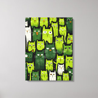 Whimsical Feline Delight - Groene Doodle Kat Liefh Canvas Afdruk