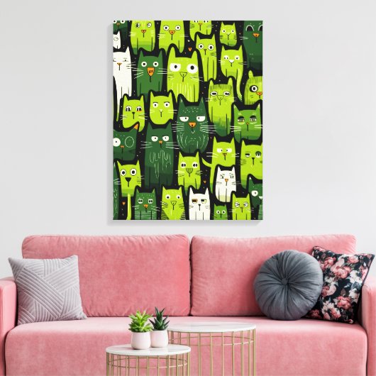 Whimsical Feline Delight - Groene Doodle Kat Liefh Canvas Afdruk (Insitu (Woonkamer))