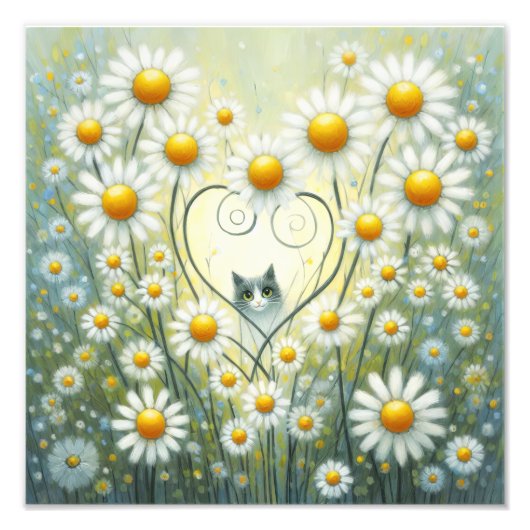 Whimsical Feline Onder de Daisies Foto Afdruk (Voorkant)