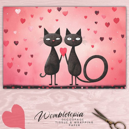 Whimsical Feline Roze & Rood Liefde Hart Decoupage Tissuepapier