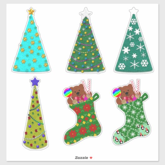Whimsical Felt Look Christmas Trees & Stockings Sticker (Vel)
