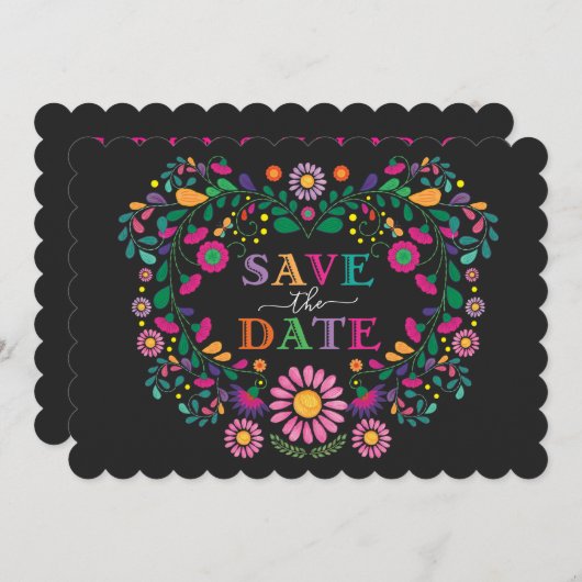 Whimsical Fiesta Floral Heart Wreath Save the Date Kaart (Voorkant / Achterkant)