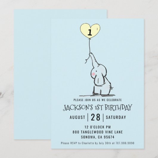 Whimsical First Birthday | Elephant Blue Kaart (Voorkant / Achterkant)