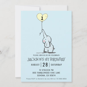 Whimsical First Birthday Elephant Blue Kaart