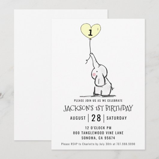 Whimsical First Birthday | Elephant Kaart (Voorkant / Achterkant)