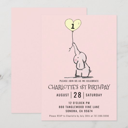 Whimsical First Birthday | Elephant Pink Kaart (Voorkant / Achterkant)