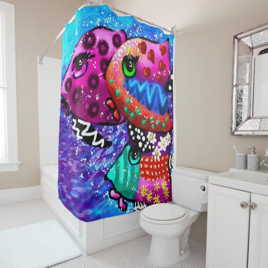 Whimsical Fish Trio Kleurrijk Abstract Nautisch Douchegordijn (In situ)