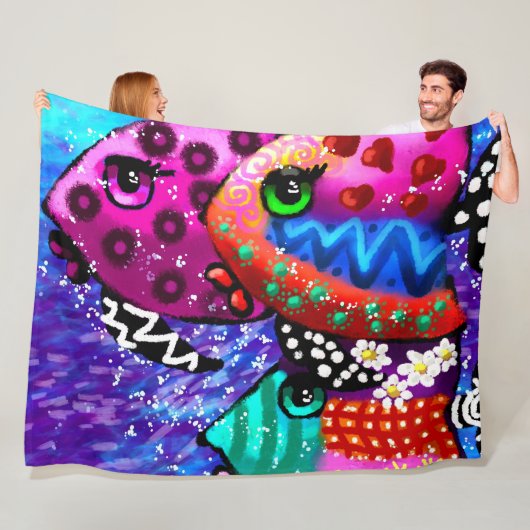 Whimsical Fish Trio Kleurrijk Abstract Nautisch Fleece Deken (In situ)